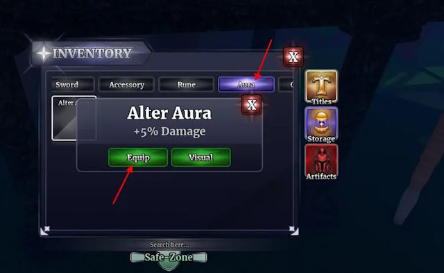 Mở tab Aura, chọn Aura mong muốn và trang bị cho nhân vật