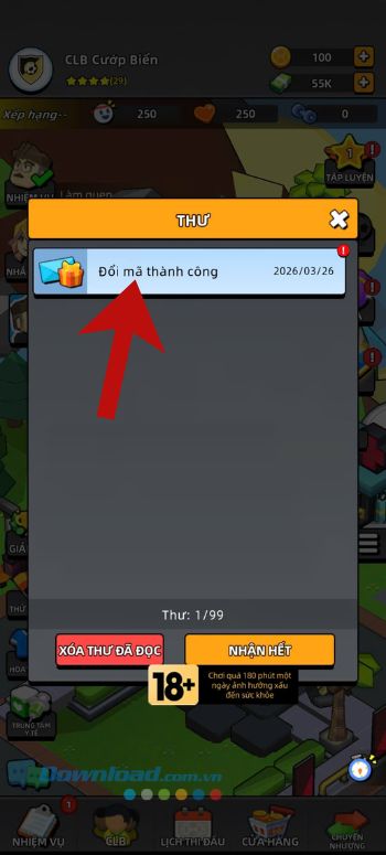 Ấn vào hòm thư Đổi mã thành công