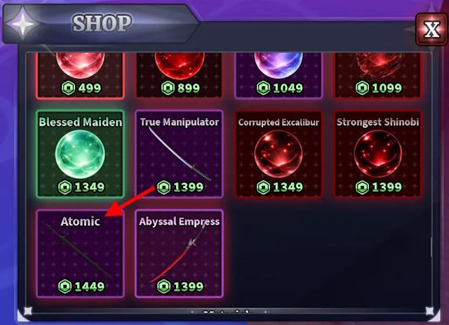 Mua kiếm Atomic với giá 1449 Robux