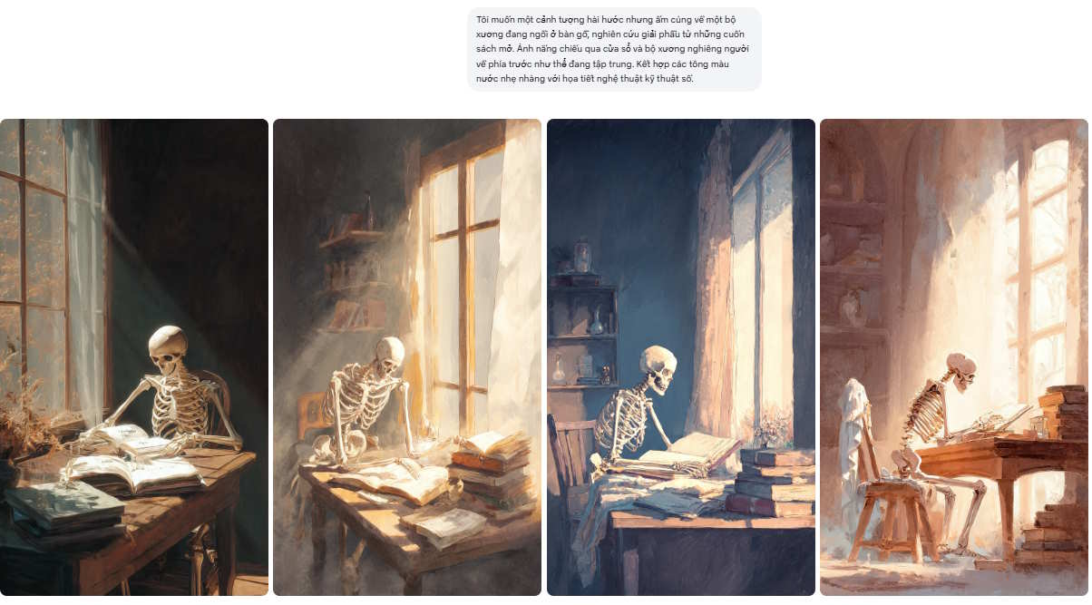 Ảnh bộ xương đang đọc sách bằng AI