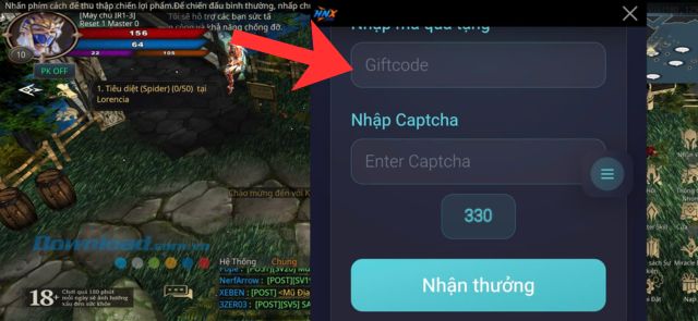 Nhập chính xác mã giftcode, mã Captcha > Chạm vào nút Nhận thưởng