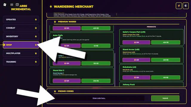 Hướng dẫn nhập code trong JoJo's Bizarre Incremental