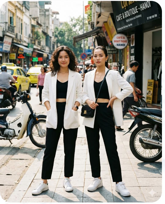 Đôi bạn thân tạo dáng trên phố