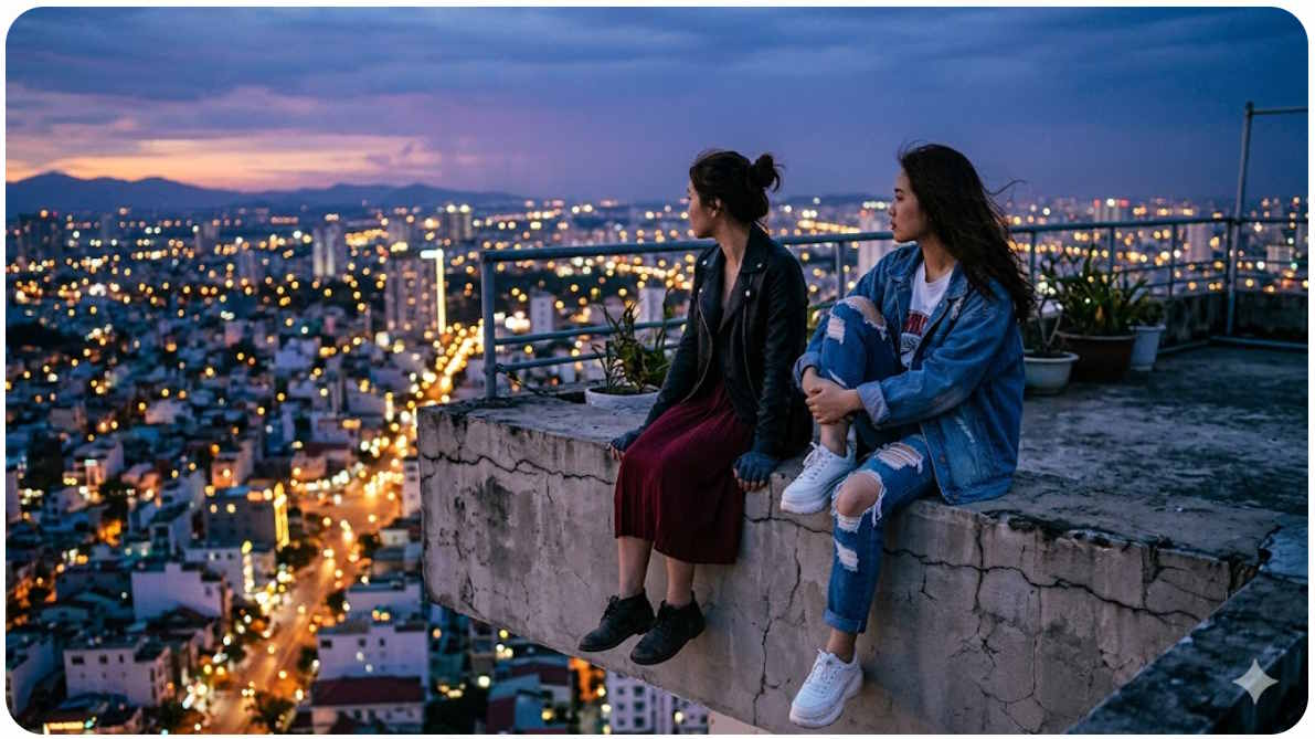 Đôi bạn thân thư giãn trên sân thượng lúc hoàng hôn