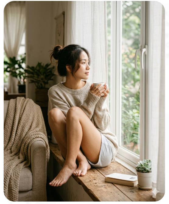 Uống cà phê bên cửa sổ