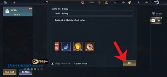 Chạm vào nút Nhận, để thu thập các trang bị