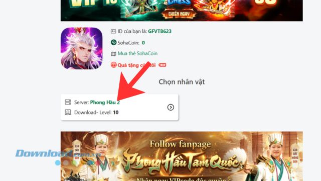 Ấn vào phần thông tin về máy chủ, nhân vật 