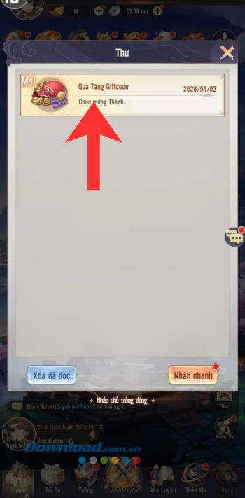 Chạm vào thư Quà tặng Giftcode