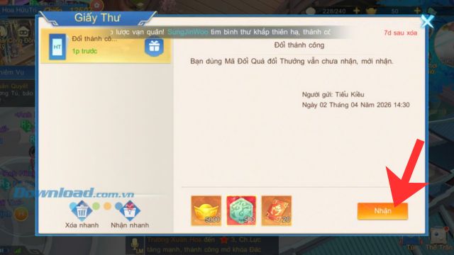 Nhấn vào nút Nhận