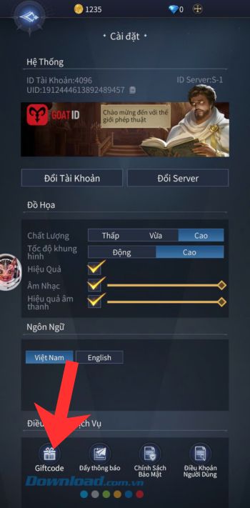 Nhấn vào mục Giftcode