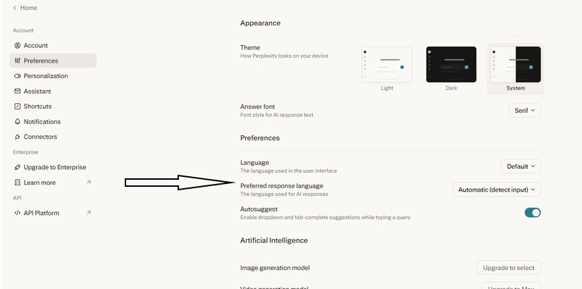 Lựa chọn đổi ngôn ngữ Perplexity