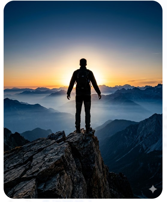 Người đàn ông đứng trên đỉnh núi lúc bình minh