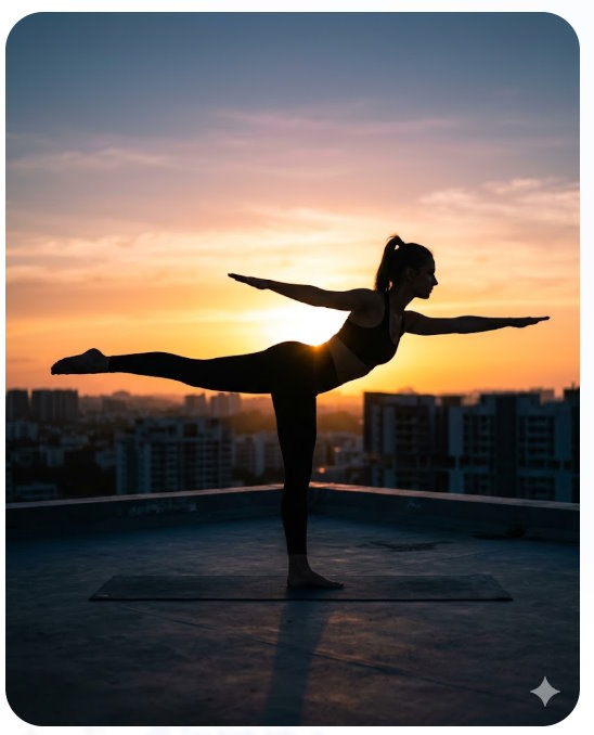 Người phụ nữ tập Yoga lúc bình minh trên sân thượng