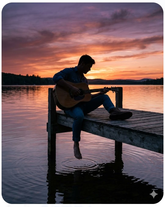 Người đàn ông chơi guitar trên bến tàu lúc hoàng hôn