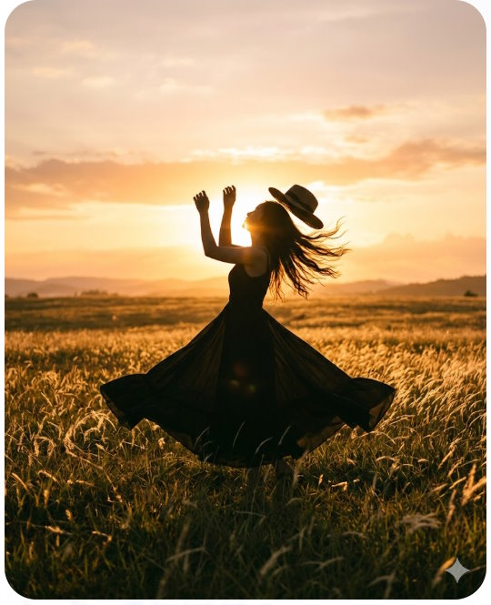 Người phụ nữ mặc chiếc váy bồng bềnh xoay tròn trên cánh đồng rộng lớn