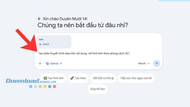 Nhập câu lệnh "Tạo slide thuyết trình dựa trên nội dung"