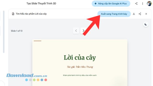 Click chuột vào nút Xuất sang trang trình bày.