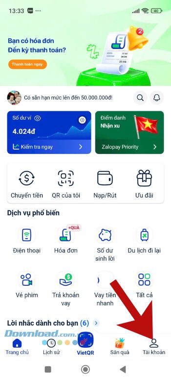 Chạm vào biểu tượng tài khoản