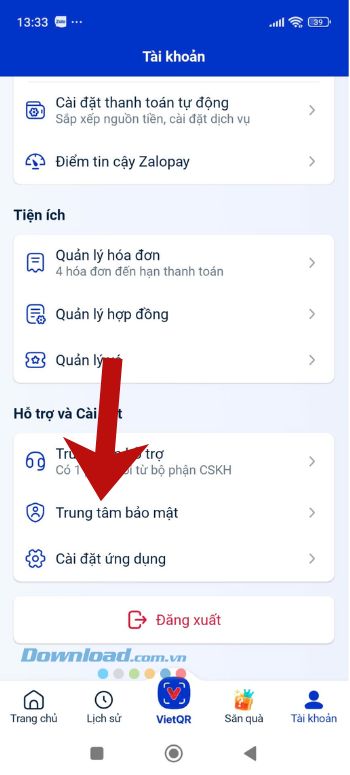 Nhấn vào mục Trung tâm bảo mật