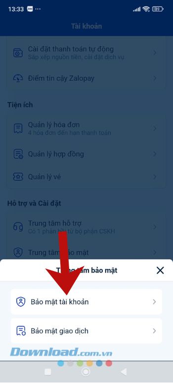 Ấn vào mục Bảo mật tài khoản