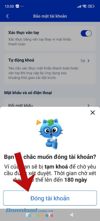 Tiếp tục, nhấn vào mục Đóng tài khoản