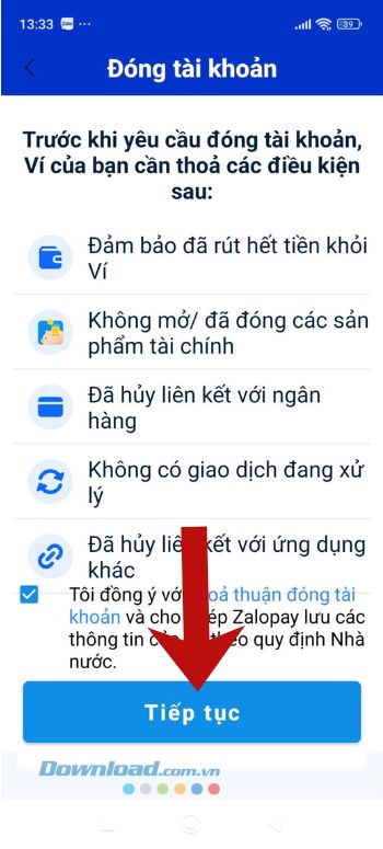 Ấn vào nút Tiếp tục