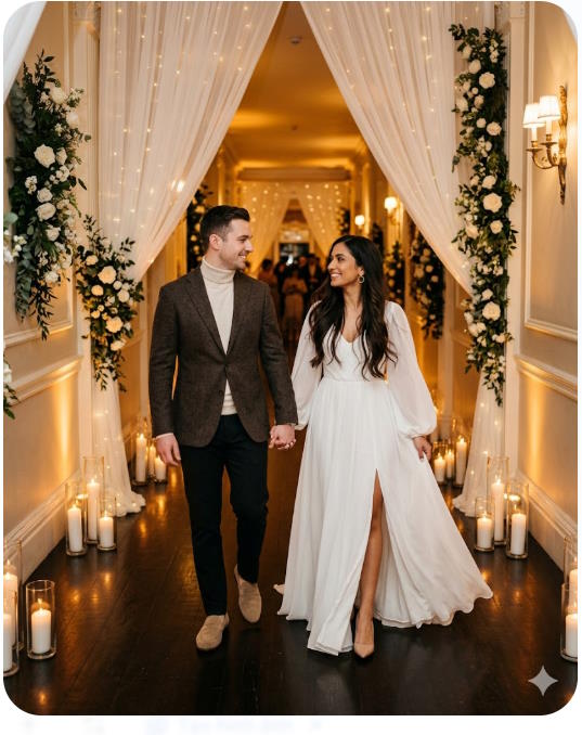 Prompt Gemini tạo ảnh cặp đôi đi qua hành lang được trang trí lộng lẫy