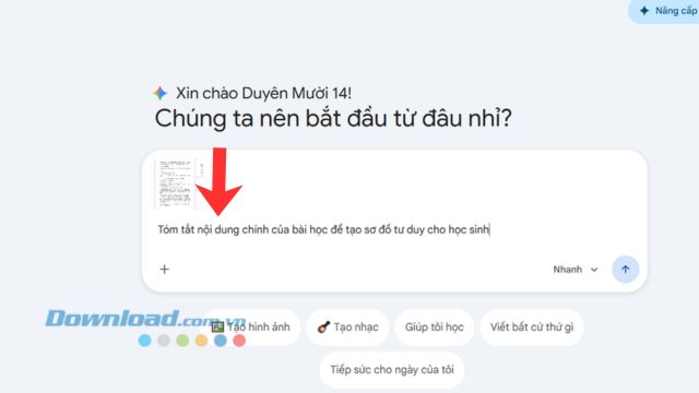 Tải hình ảnh, file PDF nội dung bài học lên > Nhập câu lệnh: "Tóm tắt nội dung chính của bài học để tạo sơ đồ tư duy cho học sinh"
