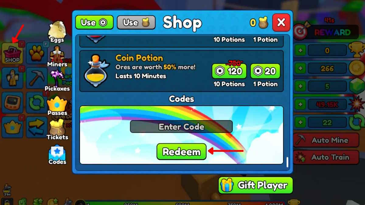 Cửa sổ đổi code Pickaxe Simulator