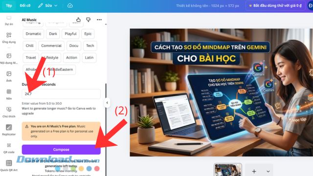 Thiết lập thời gian của đoạn nhạc > Nhấn vào nút Compose