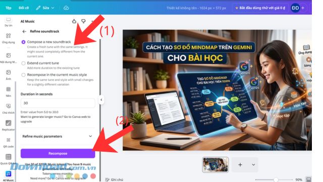 Lựa chọn chế độ chỉnh sửa nhạc phù hợp > Click chuột vào nút Recompose