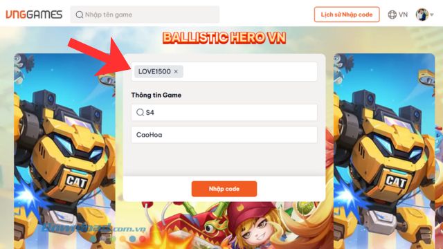 Điền thông tin Máy chủ, Nhân vật > Nhập chính xác các mã code phía trên > Ấn vào nút Nhập code