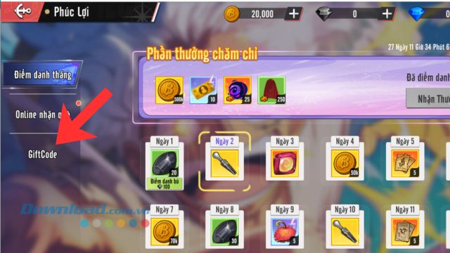 Ấn vào mục Giftcode