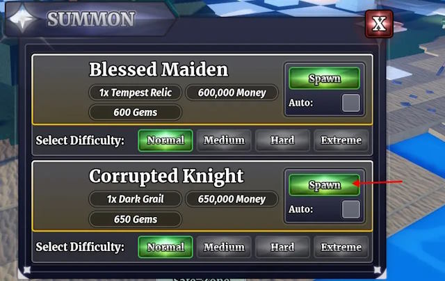 Triệu hồi Corrupted Knight bằng 1x Dark Grail, 650.000 Money và 650 Gem