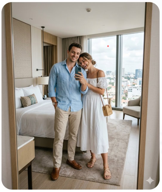 Prompt Gemini ảnh chụp cặp đôi trong khách sạn