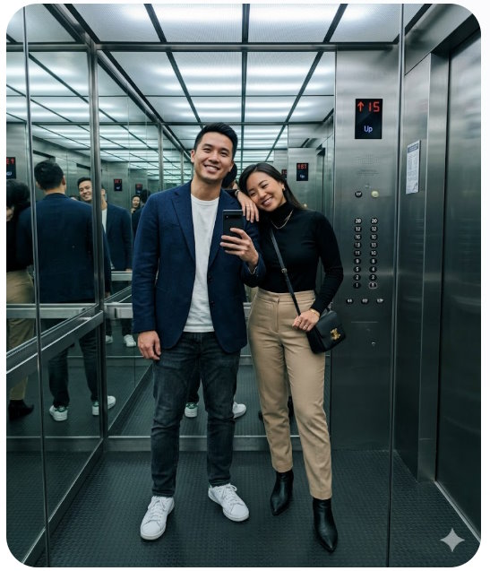 Prompt Gemini ảnh chụp cặp đôi trong thang máy