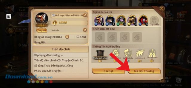 Chạm vào nút Mã đổi thưởng