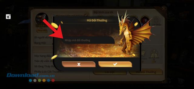 Nhập chính xác mã giftcode > Chạm vào biểu tượng dấu tick