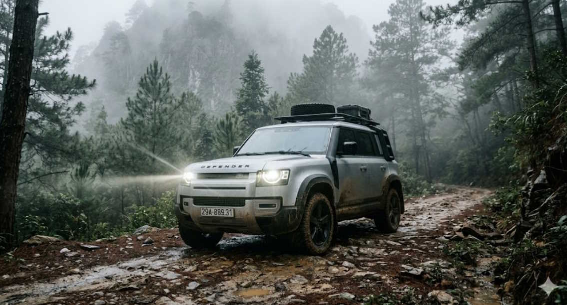 Prompt Gemini tạo xe SUV màu bạc trên đường mòn núi sương mù