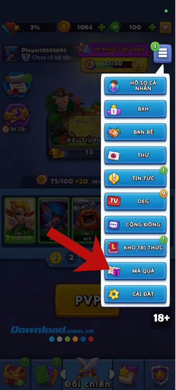 Nhấn vào mục Mã quà