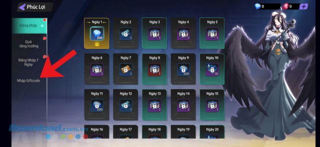 Ấn vào mục Nhập Giftcode