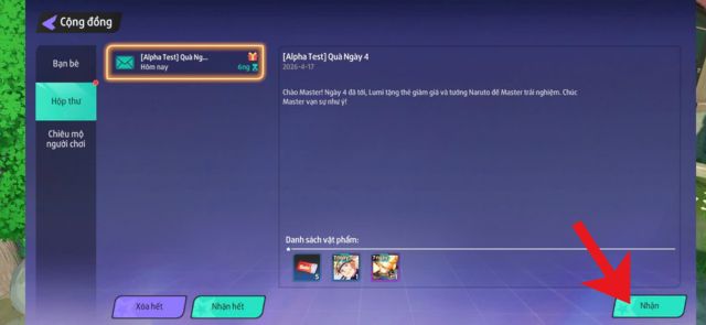 Ấn vào nút Nhận tại hòm thư Quà