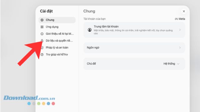 Nhấn vào mục Dữ liệu và quyền riêng tư