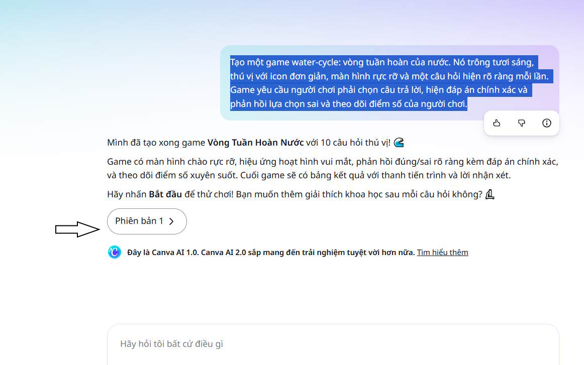 Kết quả game đã tạo xong bằng Canva