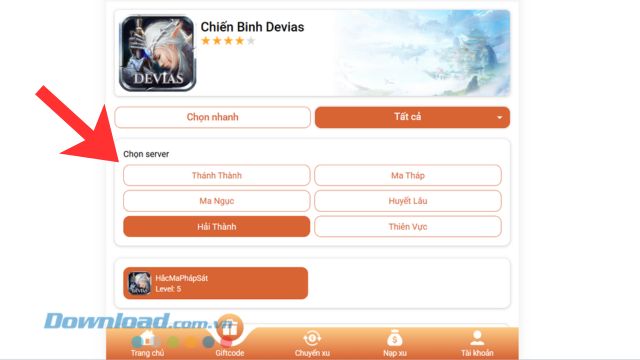 Nhập đầy đủ thông tin về máy chủ, tên nhân vật 