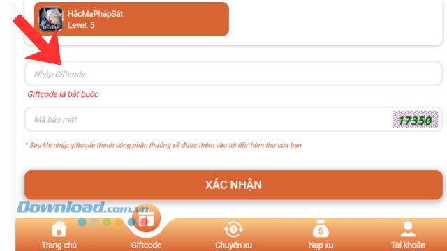 Nhập chính xác các mã giftcode