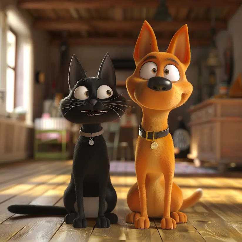 Một cặp mèo và chó tinh nghịch