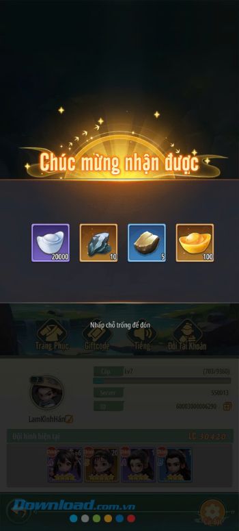 Nhấn vào màn hình nhận thưởng