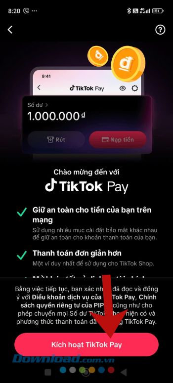 Chạm vào nút Kích hoạt TikTok Pay