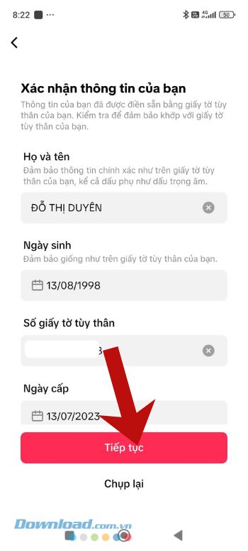 Nhấn vào nút Tiếp tục